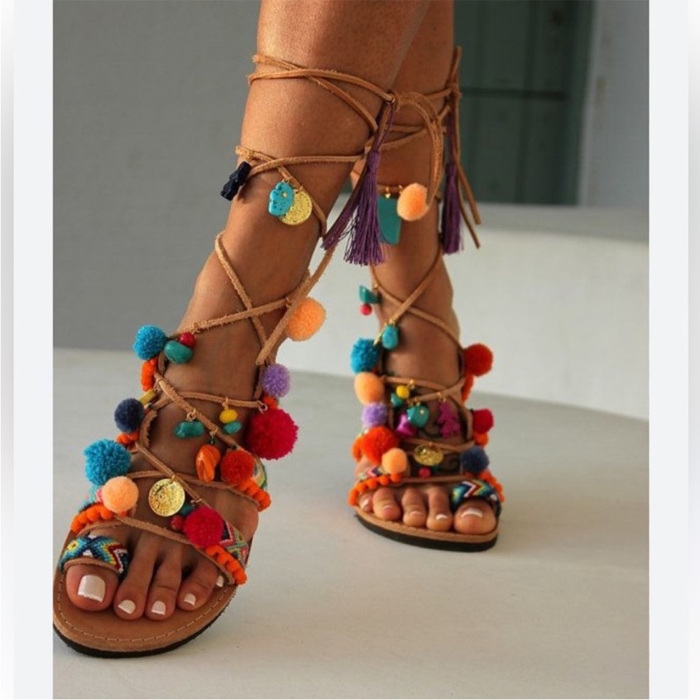 Colorful Pom Pom Lace-Up Sandals Bohemian summer vibes . Eur 39 USA 8.5 leather
